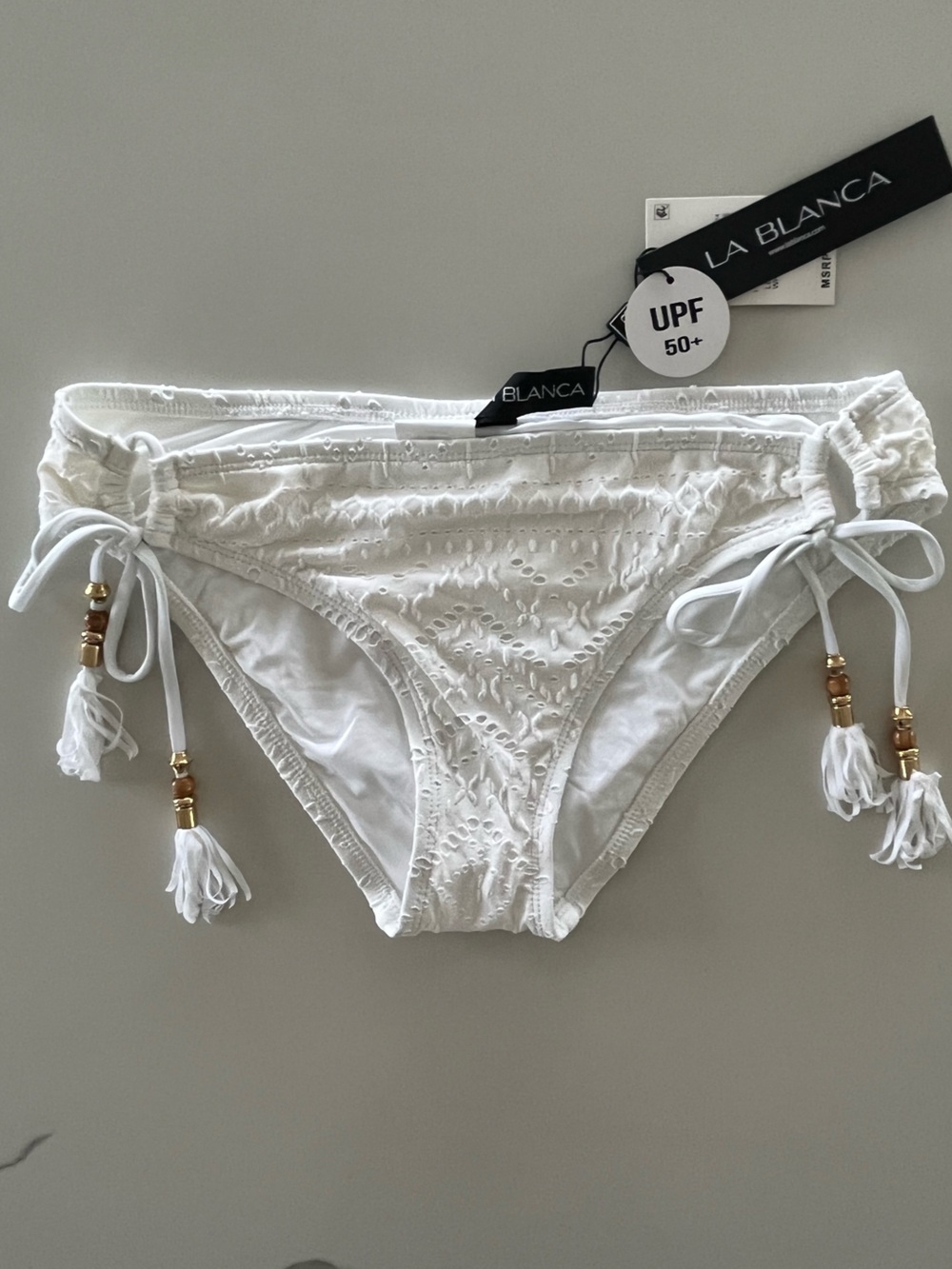 NWT La Blanca Saltwater Sands White Eyelet Side Tie Bikini Bottom Size 4